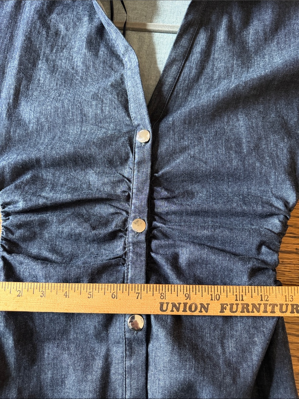 Zara Denim Maxi Dress Ruched Cinched Waist Snap Front Dolman Sleeve - Picture 5 of 11